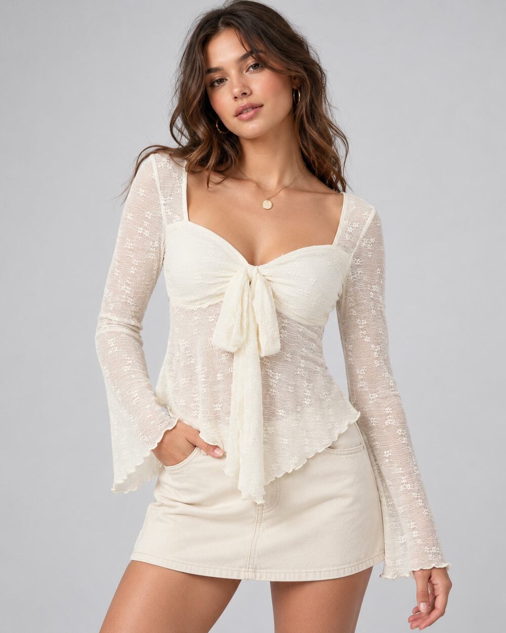 CIDER Womens XS Ivory Lace Tie Front Bell Sleeve Top Y2K Coquette NWT
